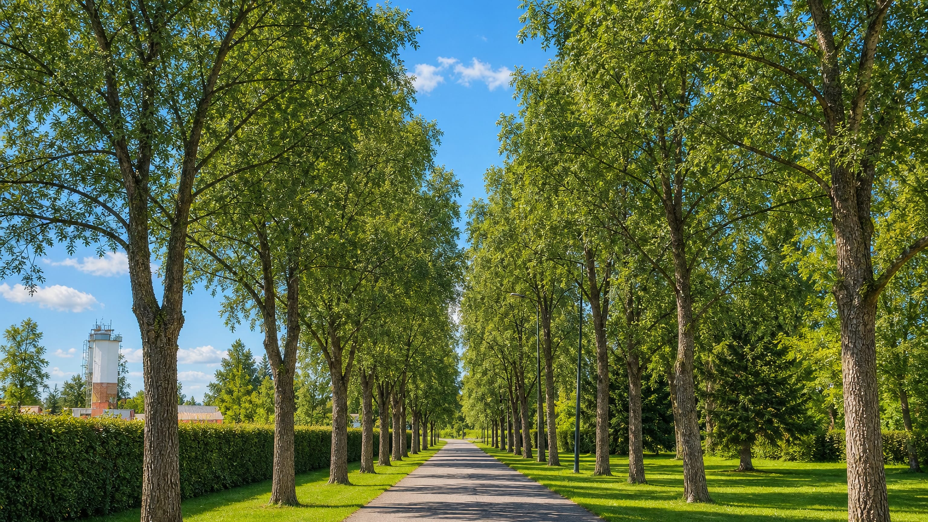 Avenue of trees along a paved lane with a water tower beyond in Sarkola, Kouvola.
