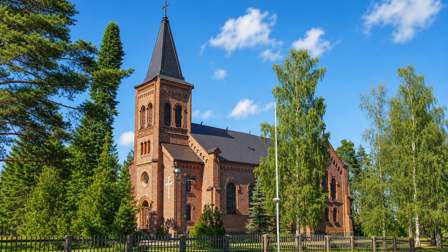 Red-brick neo-Gothic parish church with a tall steeple in Miehikkälä, Kymenlaakso, Finland.
