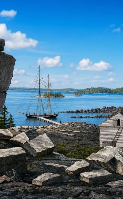 Granite boulders on Virolahti's archipelago shore with a moored sailing ship and a wooden boathouse, Gulf of Finland.