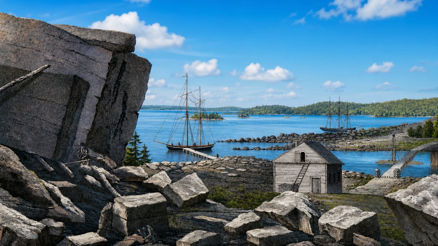 Granite boulders on Virolahti's archipelago shore with a moored sailing ship and a wooden boathouse, Gulf of Finland.