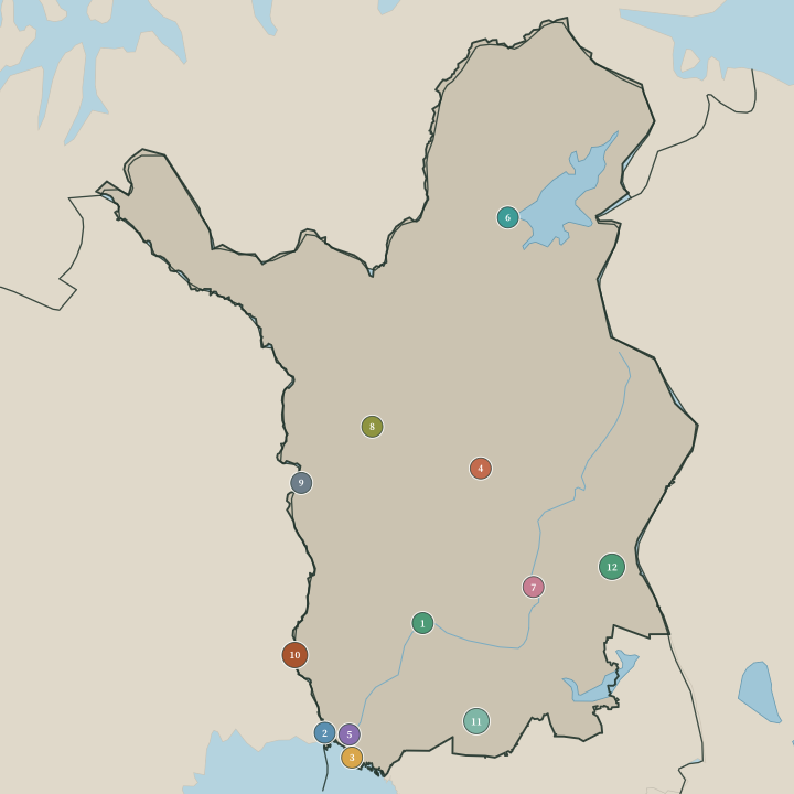Map of Lapland showing its numbered towns and cities