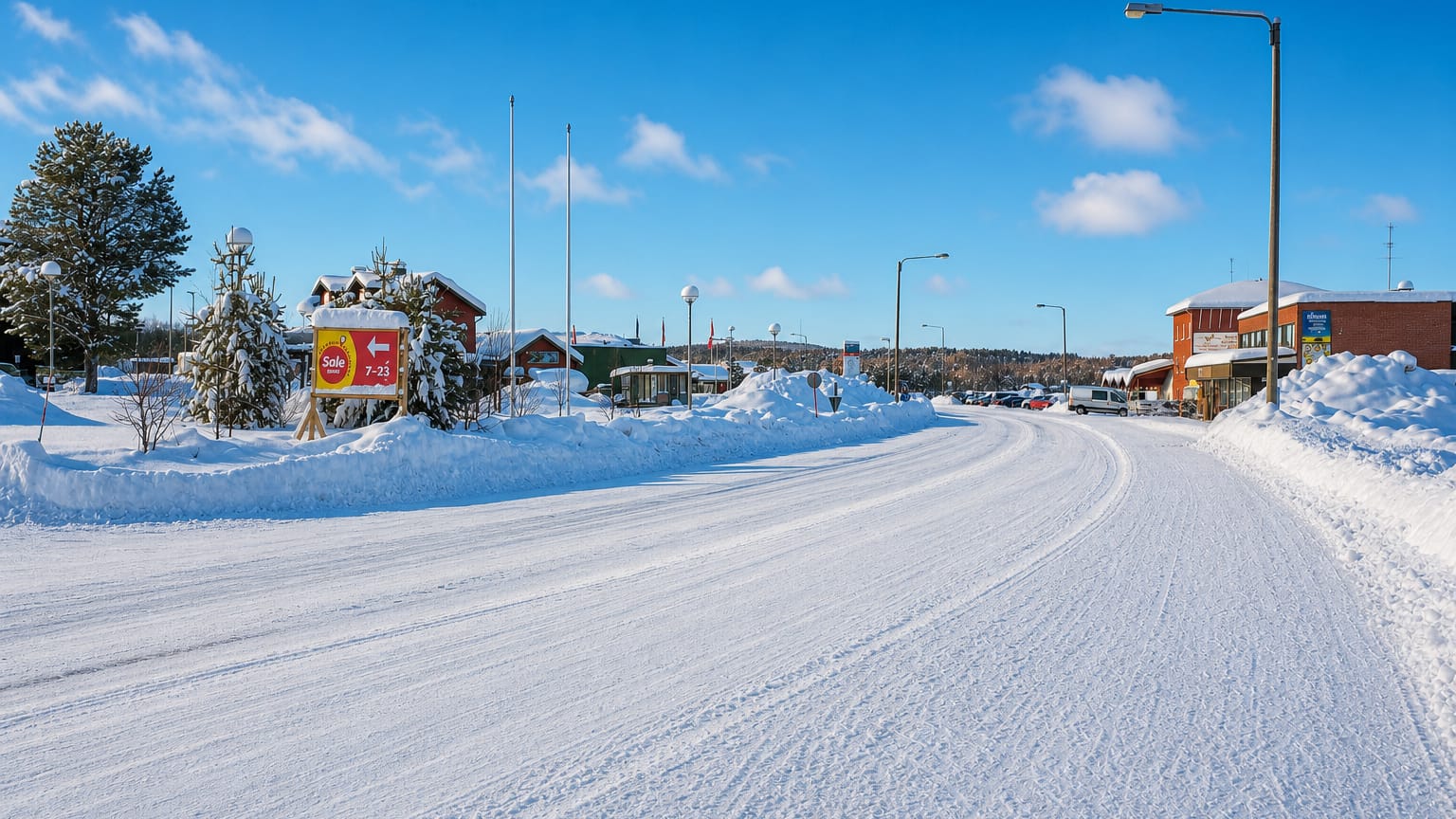 Snow-covered village street in Inari, Finnish Lapland, with a Sale store and low buildings under blue sky.