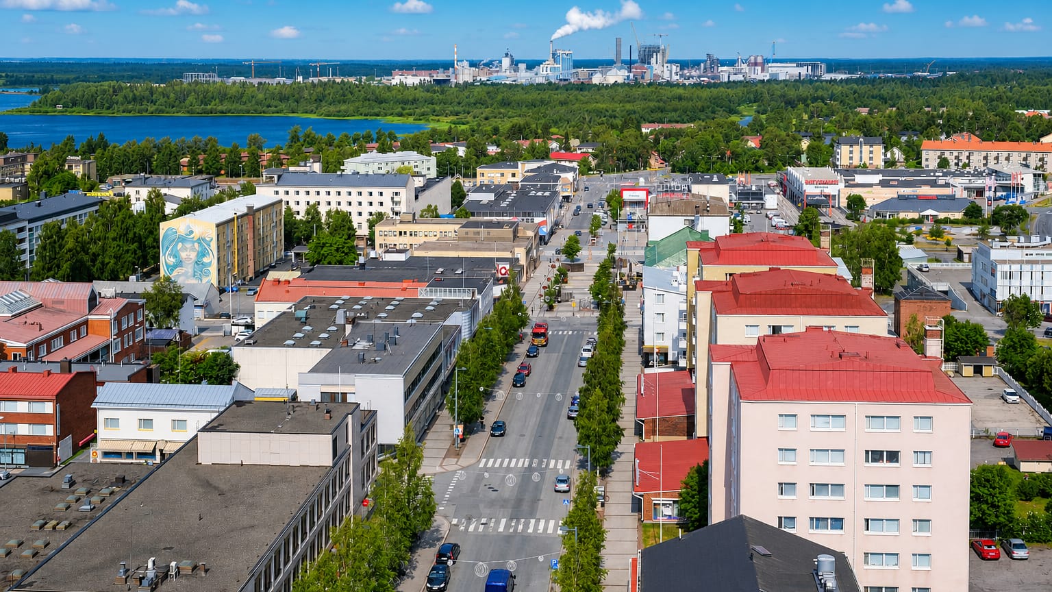 Aerial view of central Kemi, Finland: a wide tree-lined street through low-rise blocks, with the pulp mill on the bay horizon.