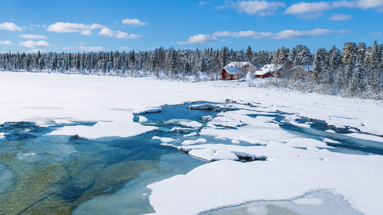 Frozen river with thawing ice, snow-laden spruce forest and red wooden cabins on the far shore in wintry Muonio, Finnish Lapland.