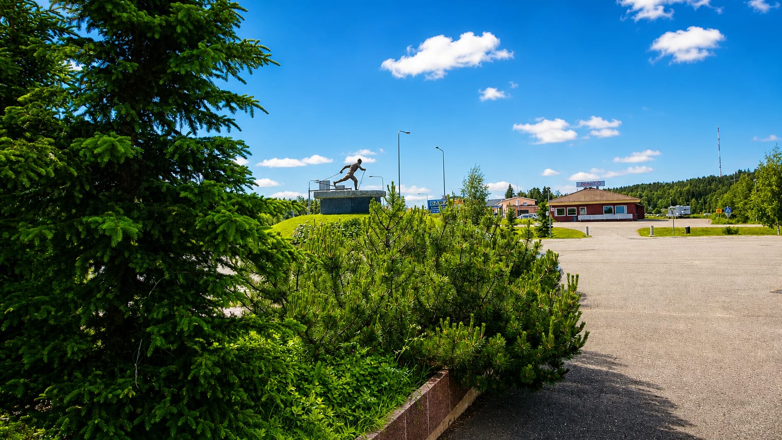 Sunny summer square in Pello, Finland, with a bronze runner statue, pine trees and a red building beside an open paved lot.