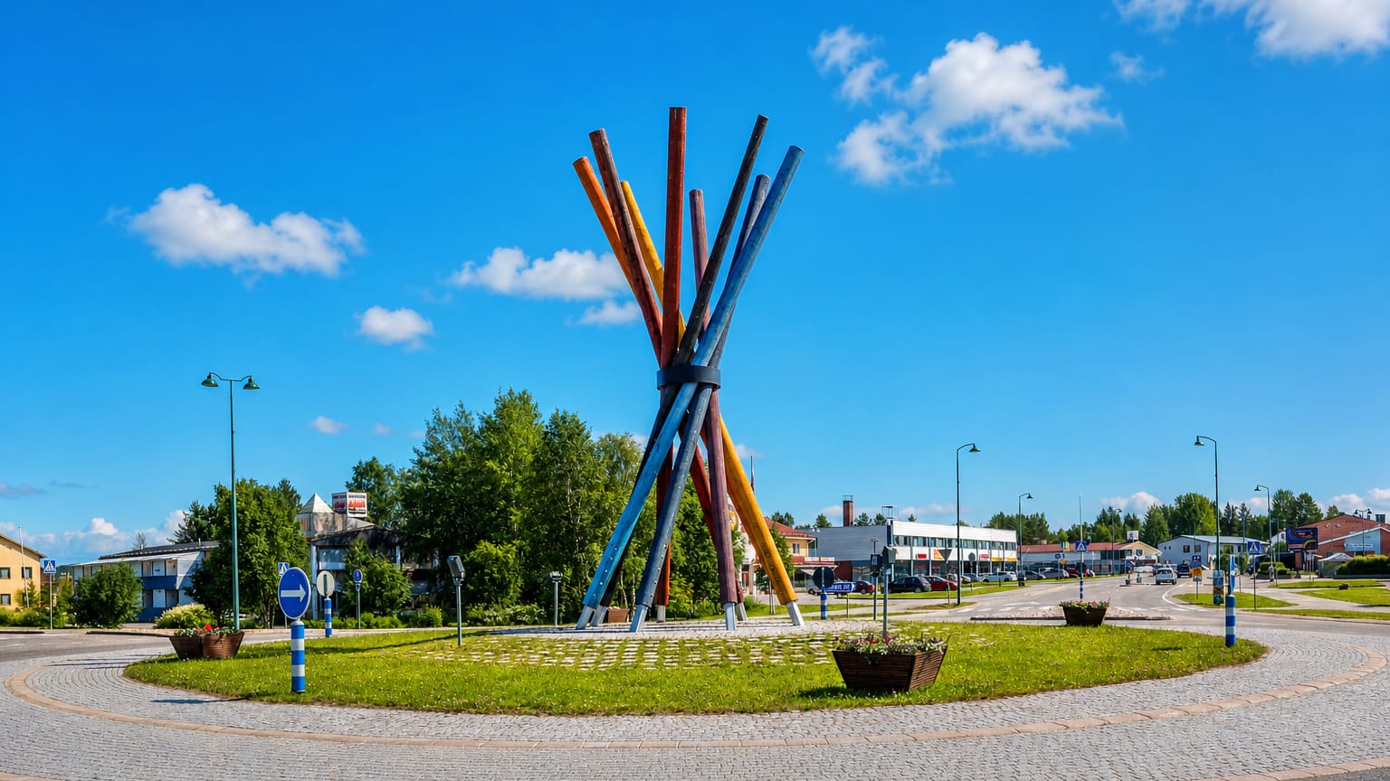 Colourful log-pile sculpture on a roundabout at the centre of Salla, Finland, with low commercial buildings behind.
