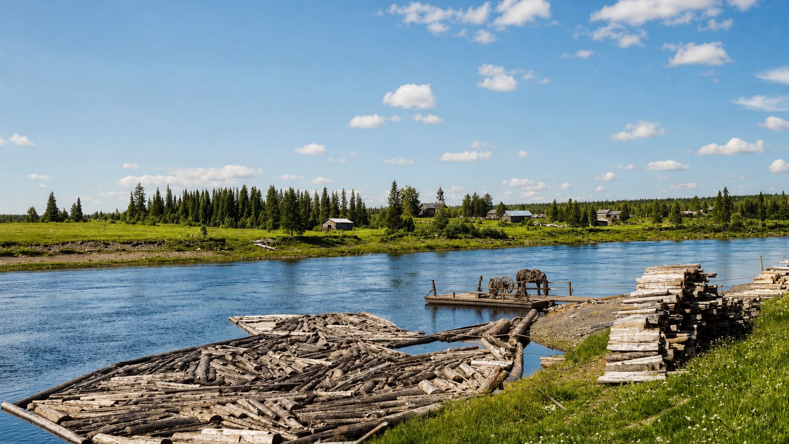 Log rafts float on a calm river beside grassy banks, spruce forest and scattered wooden cabins at Savukoski, Finland.