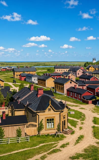 Red and yellow wooden houses of Tornio's old town across a flat river landscape, a church steeple beyond, Lapland, Finland