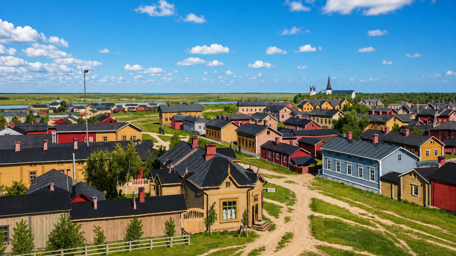 Red and yellow wooden houses of Tornio's old town across a flat river landscape, a church steeple beyond, Lapland, Finland