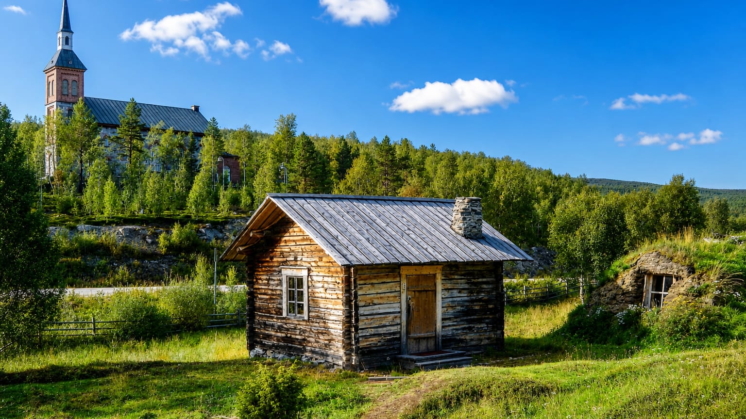 Wooden log church huts in a green meadow below Utsjoki's hilltop church, framed by Lapland forest under a blue sky.