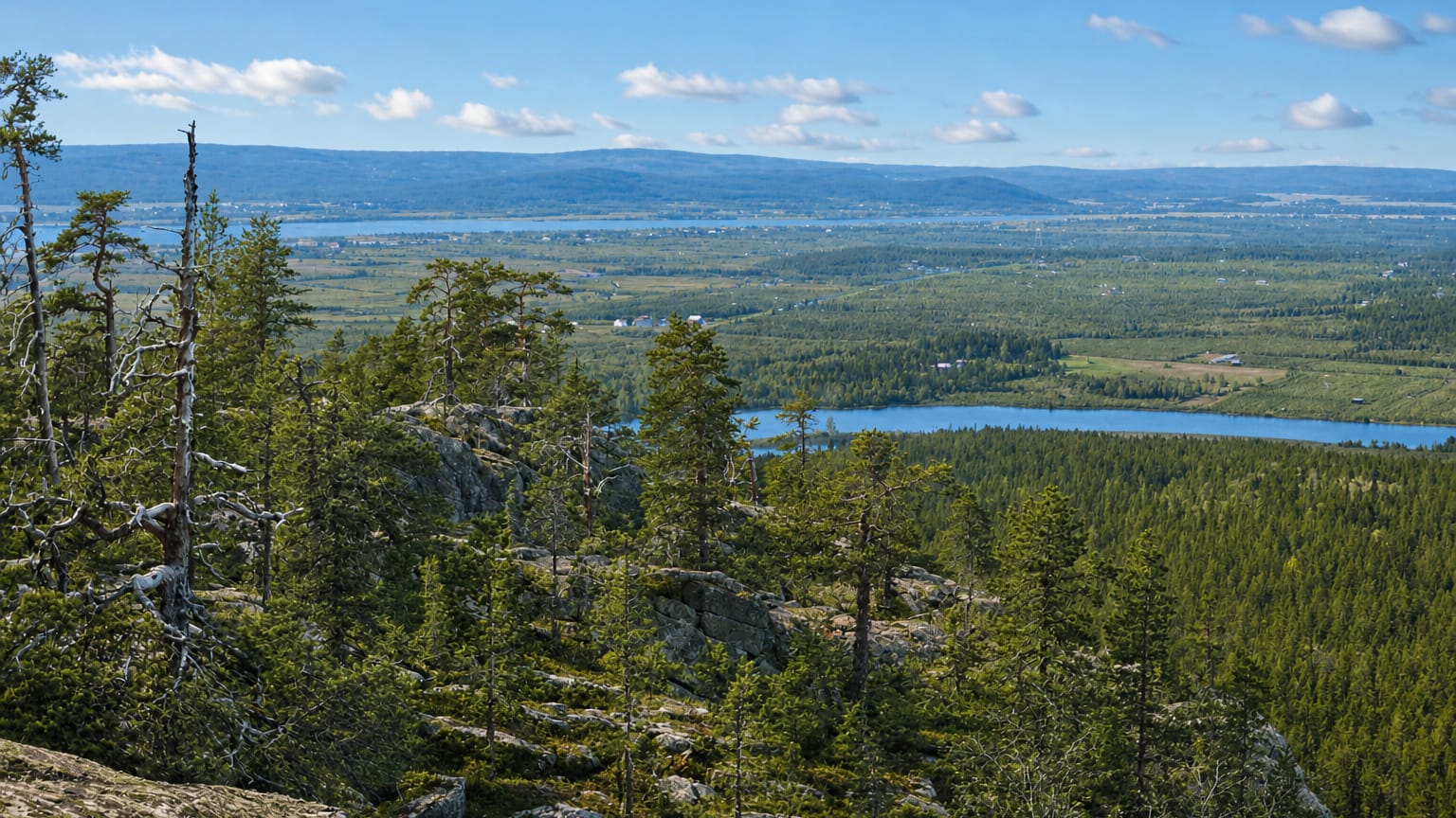 Rocky pine-covered hilltop overlooking a wide forested river valley and lakes near Ylitornio, Finland.