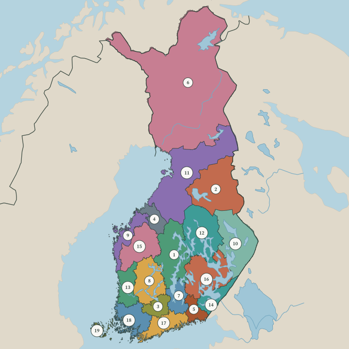 Map of Republic of Finland showing its numbered regions