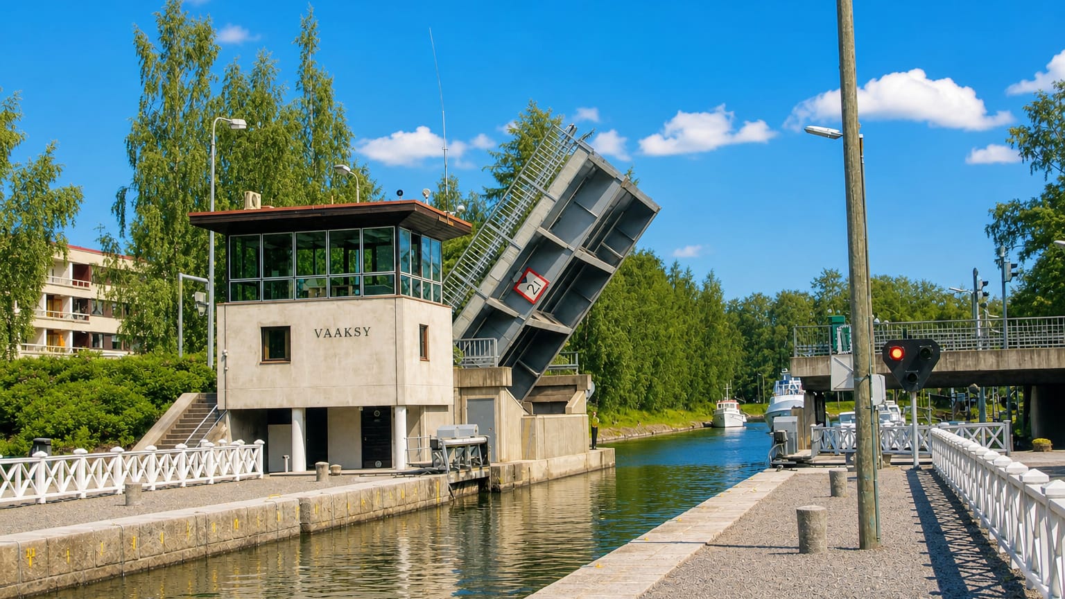 The Vaaksy canal in Asikkala with its raised bascule bridge and boats passing the control tower.