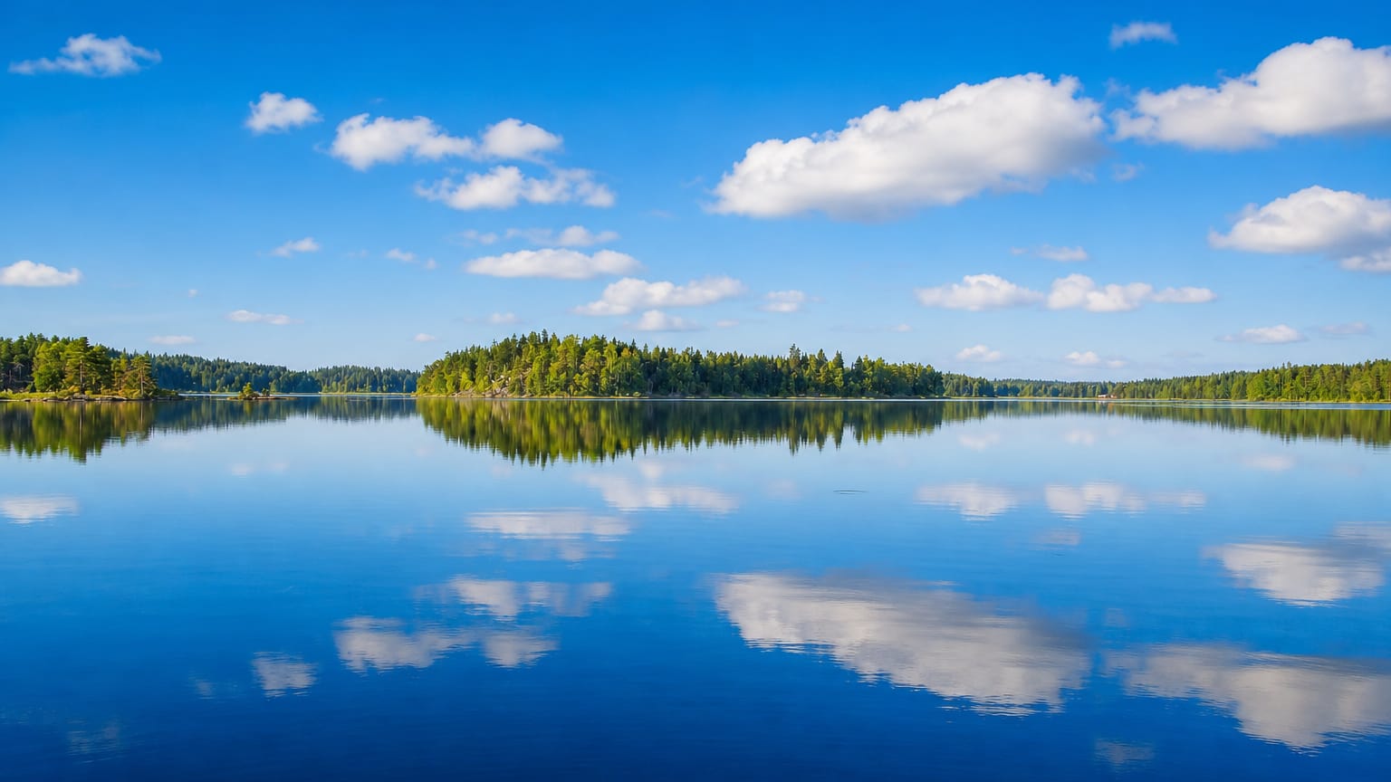 Calm forest-fringed lake reflecting blue sky and white clouds near Hartola, Finland.