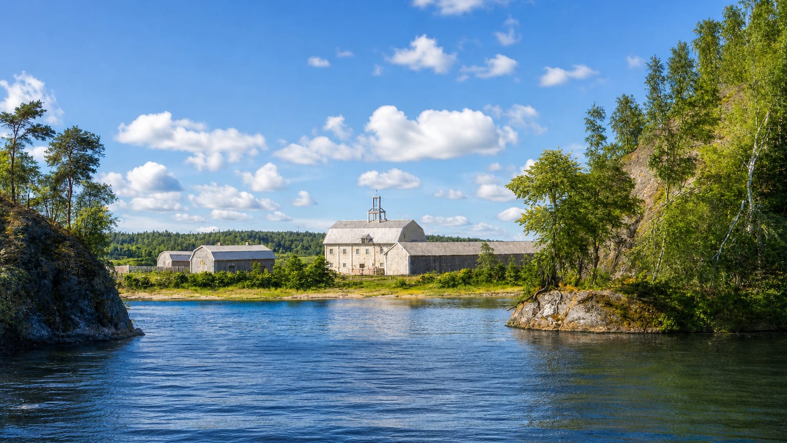 Heinola, Finland: calm river framed by rocky pine and birch shores with pale waterfront buildings under a blue summer sky