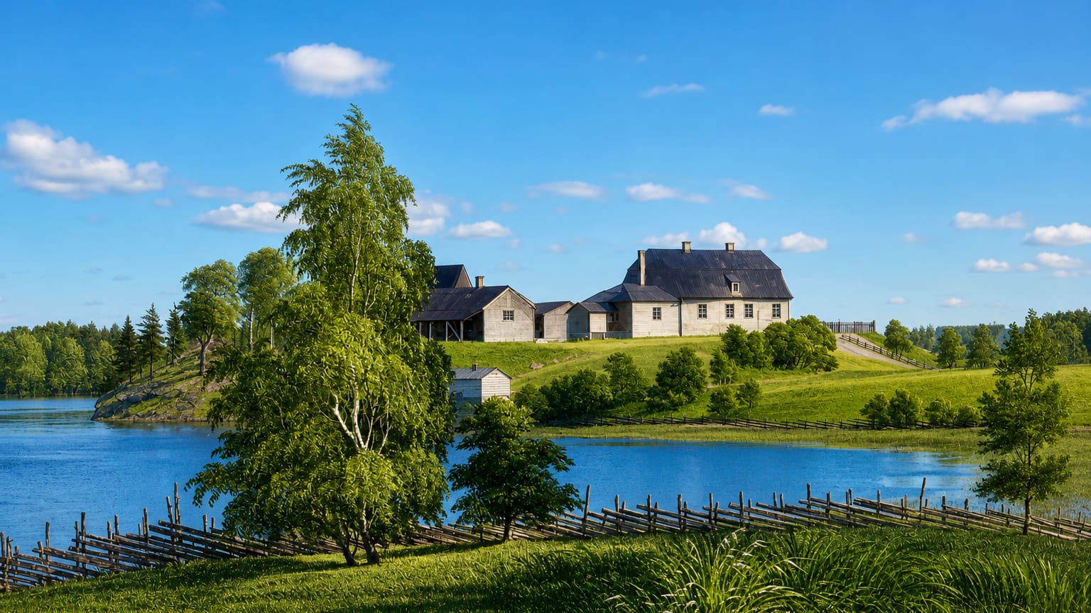 Lakeside summer view of a traditional grey manor house and rustic split-rail fence in rural Iitti, Finland.