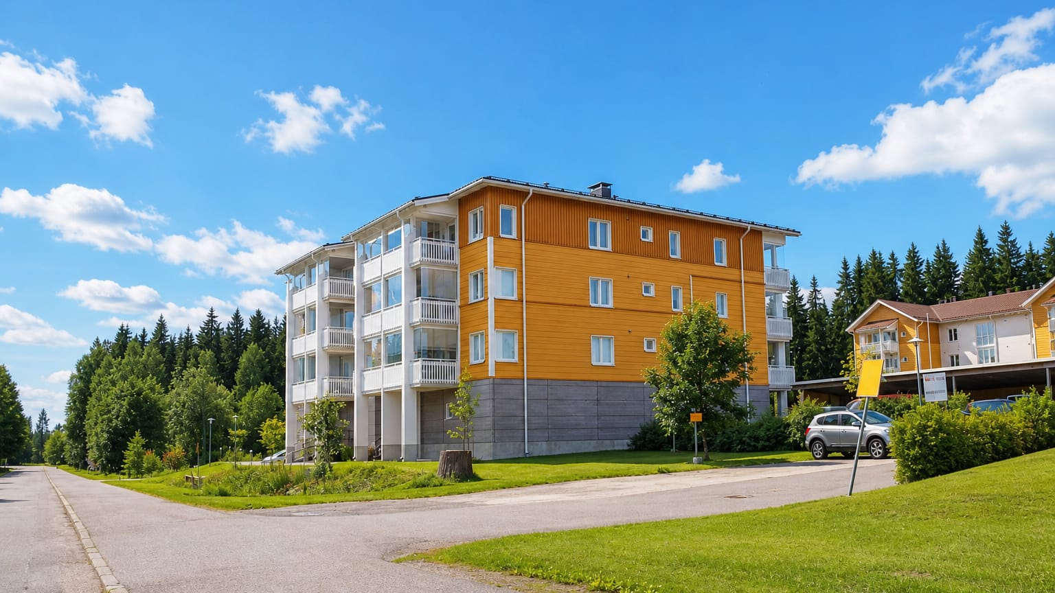 Yellow timber-clad apartment block backed by spruce forest in Laune, a residential district of Lahti.