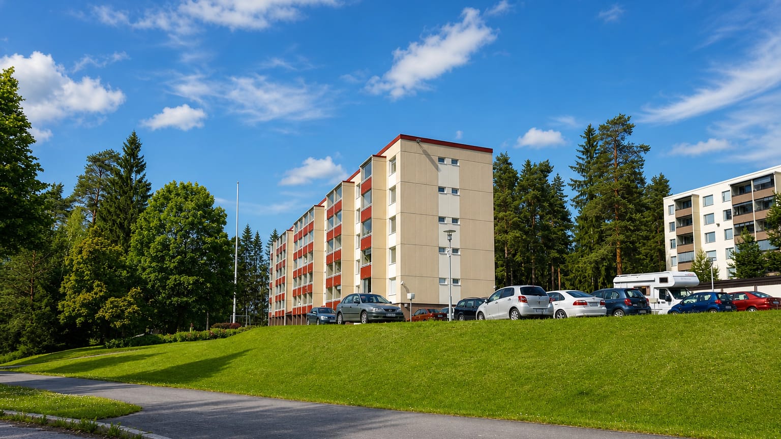 Beige and red 1970s apartment blocks among pines on a grassy slope in Liipola, Lahti.