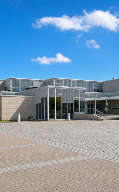 Modern campus building fronting a wide paved square in Paavola, Lahti.