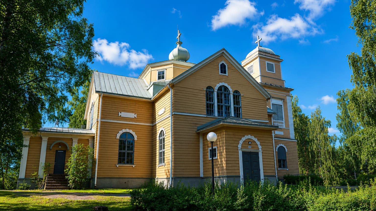 Orimattila's large ochre wooden church with a domed tower framed by birch trees.