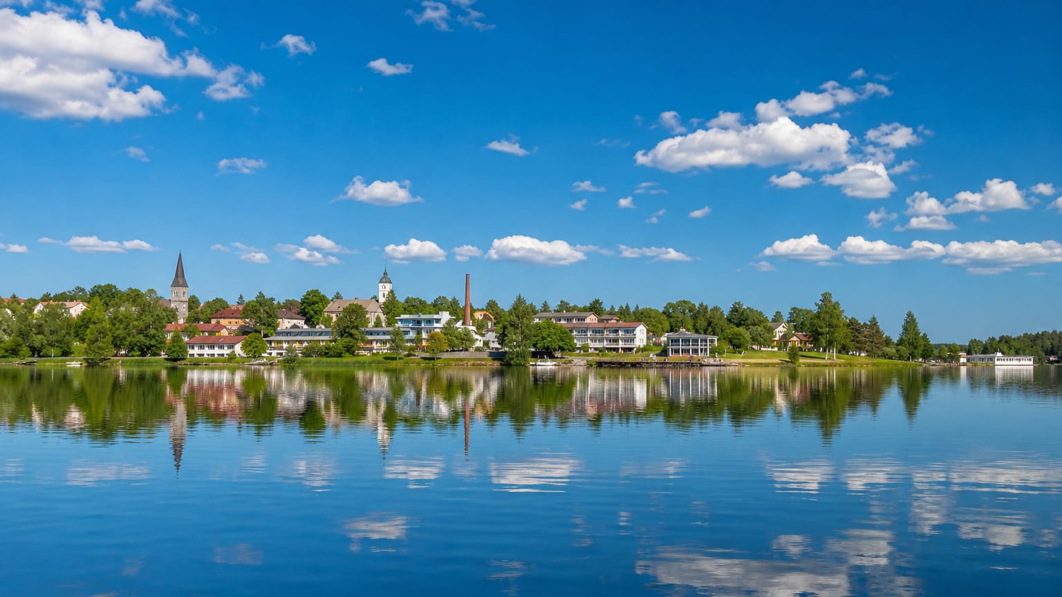 Lakeside skyline of Sysmä, Finland, with a church spire and waterfront buildings reflected in calm blue water.