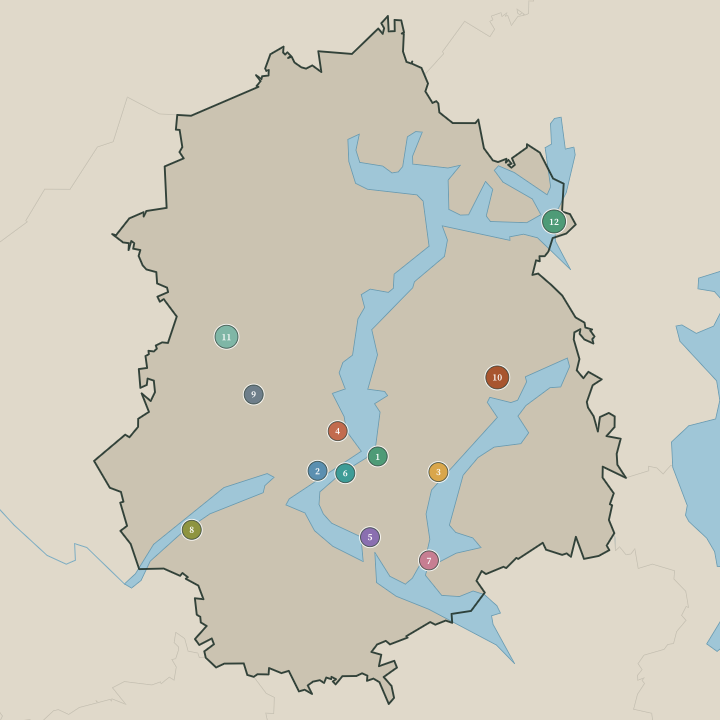 Map of Pirkanmaa showing its numbered towns and cities