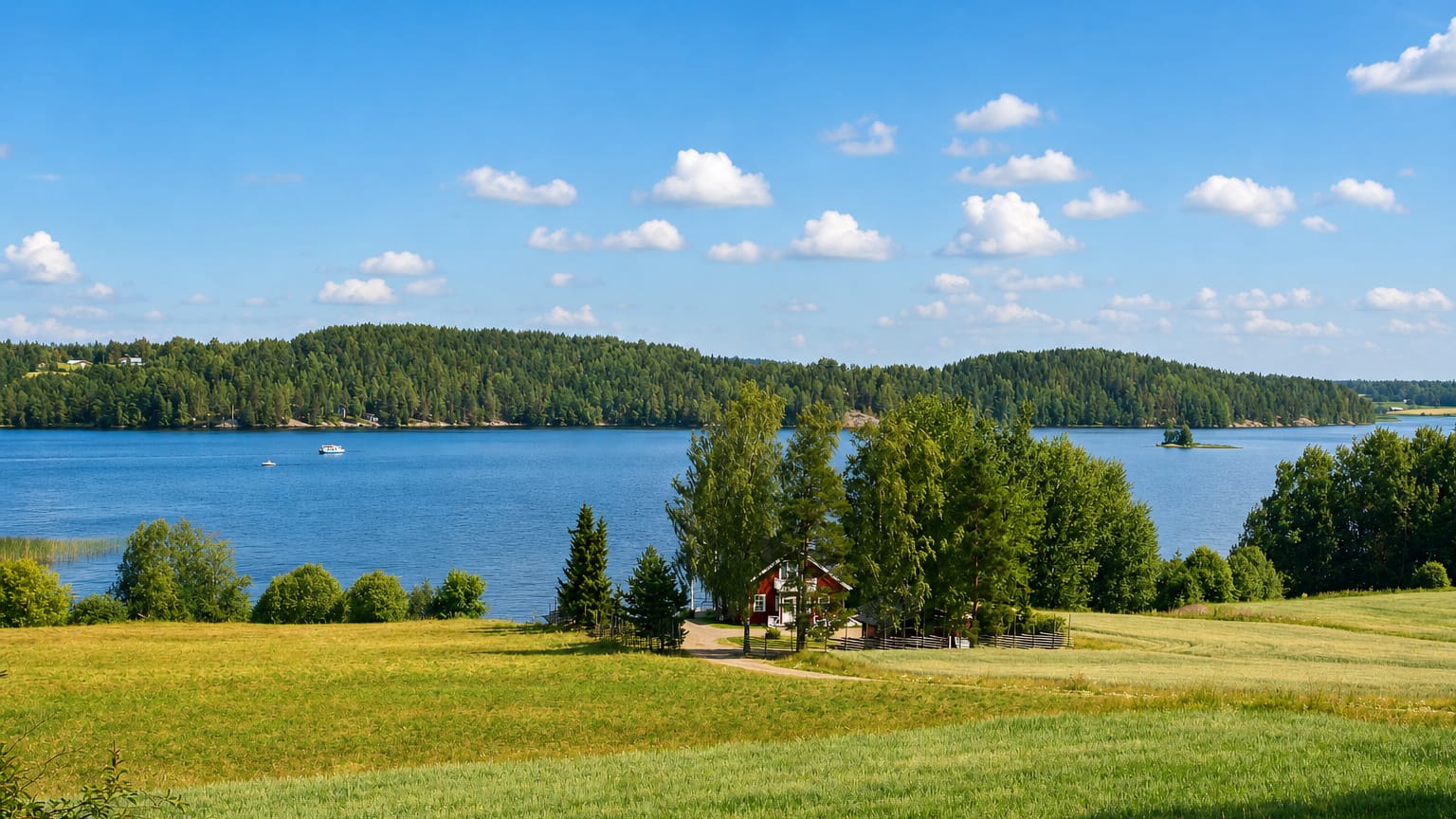 The rolling lake-and-field national landscape with a red cottage in Hämeenkyrö, Finland.