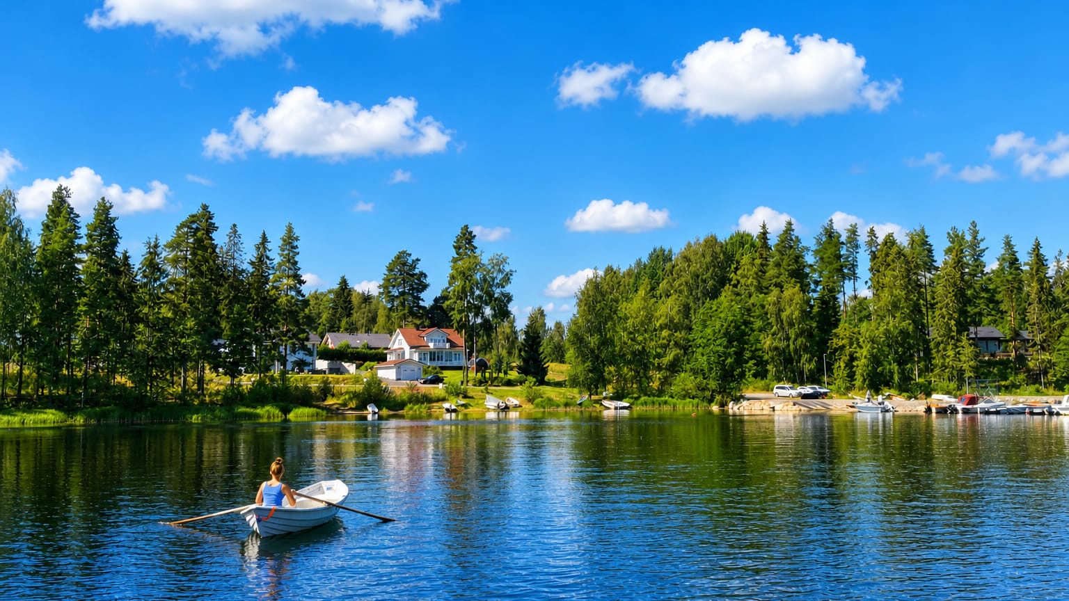 A person rows a small boat across a calm lake at Ikaalinen, Finland, past a forested shore with cottages and moored boats.