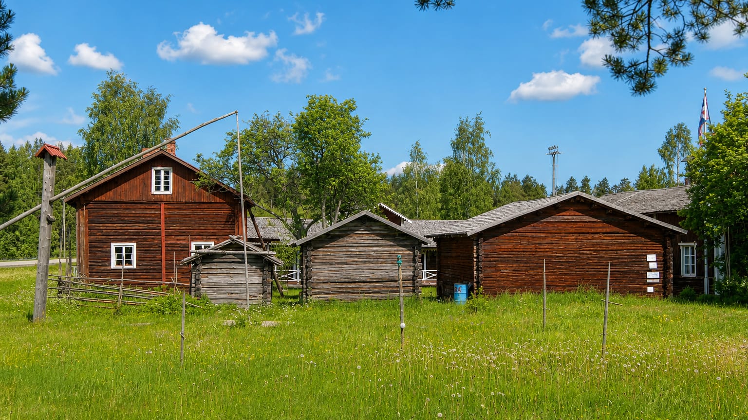 Traditional red-timber farm buildings and log storehouses in a green summer meadow in Juupajoki, Finland.