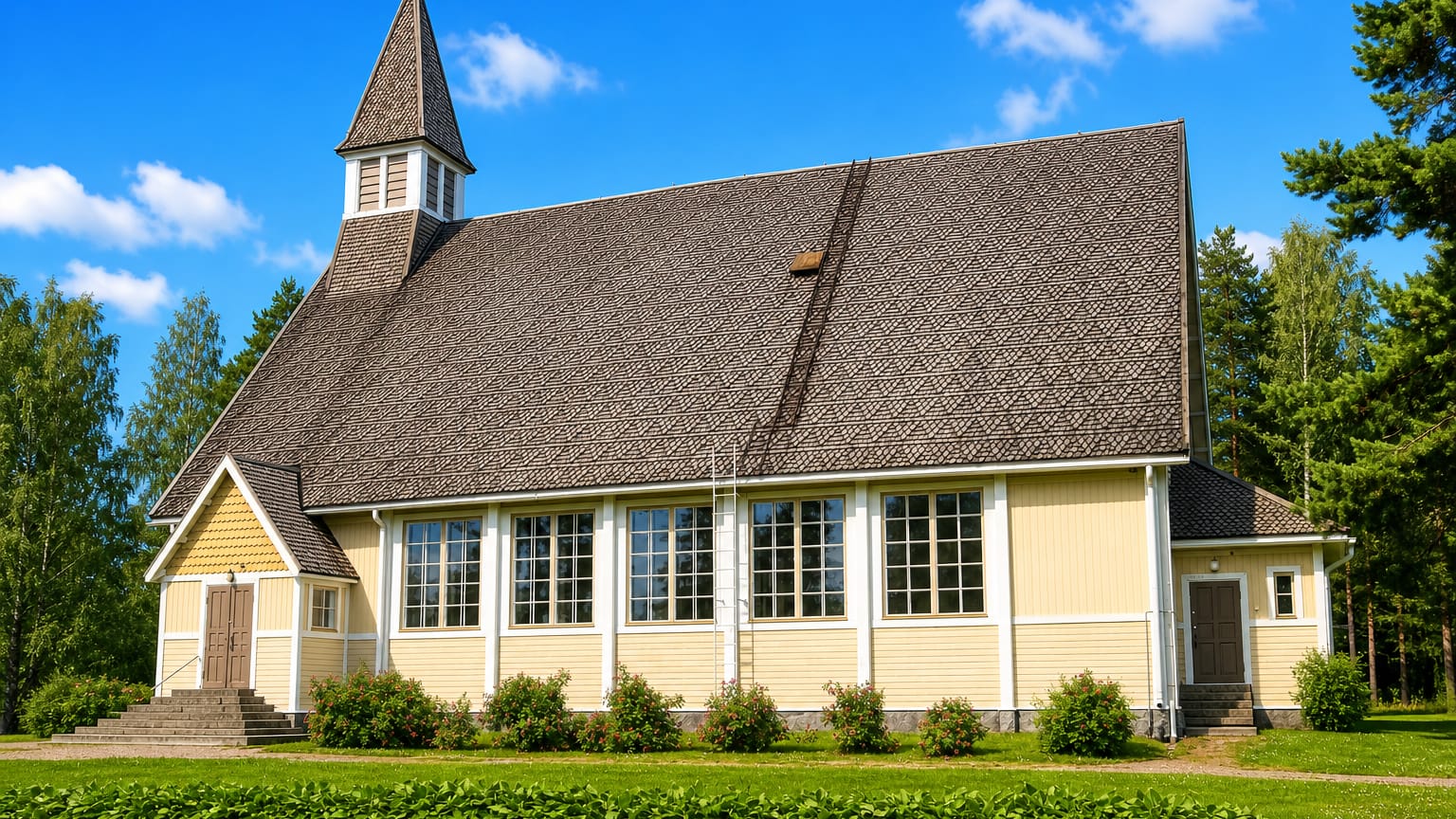 Yellow wooden church with a shingled spire on a green lawn in Kihniö, Finland, under a blue sky.