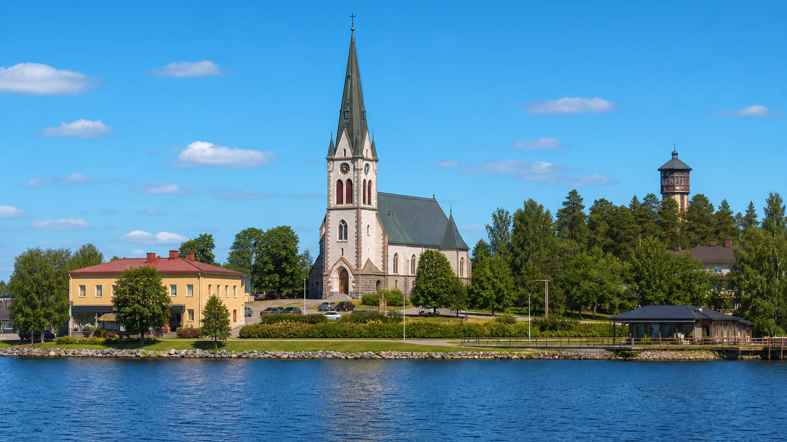 Waterfront view of Kuhmoinen, Finland, with its stone church spire and water tower above the lakeshore.