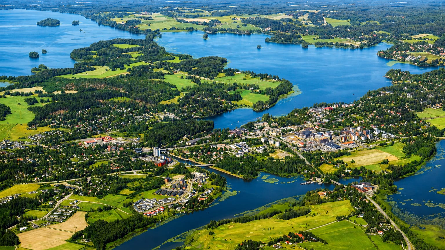 Aerial view of Lempäälä, Finland, a lakeside town set among forested islands and connecting waterways under a bright summer sky