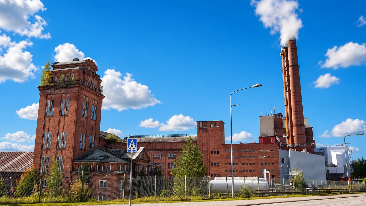 Mänttä's historic red-brick Serlachius pulp mill and tall smokestack beside a roadside under a clear blue summer sky.