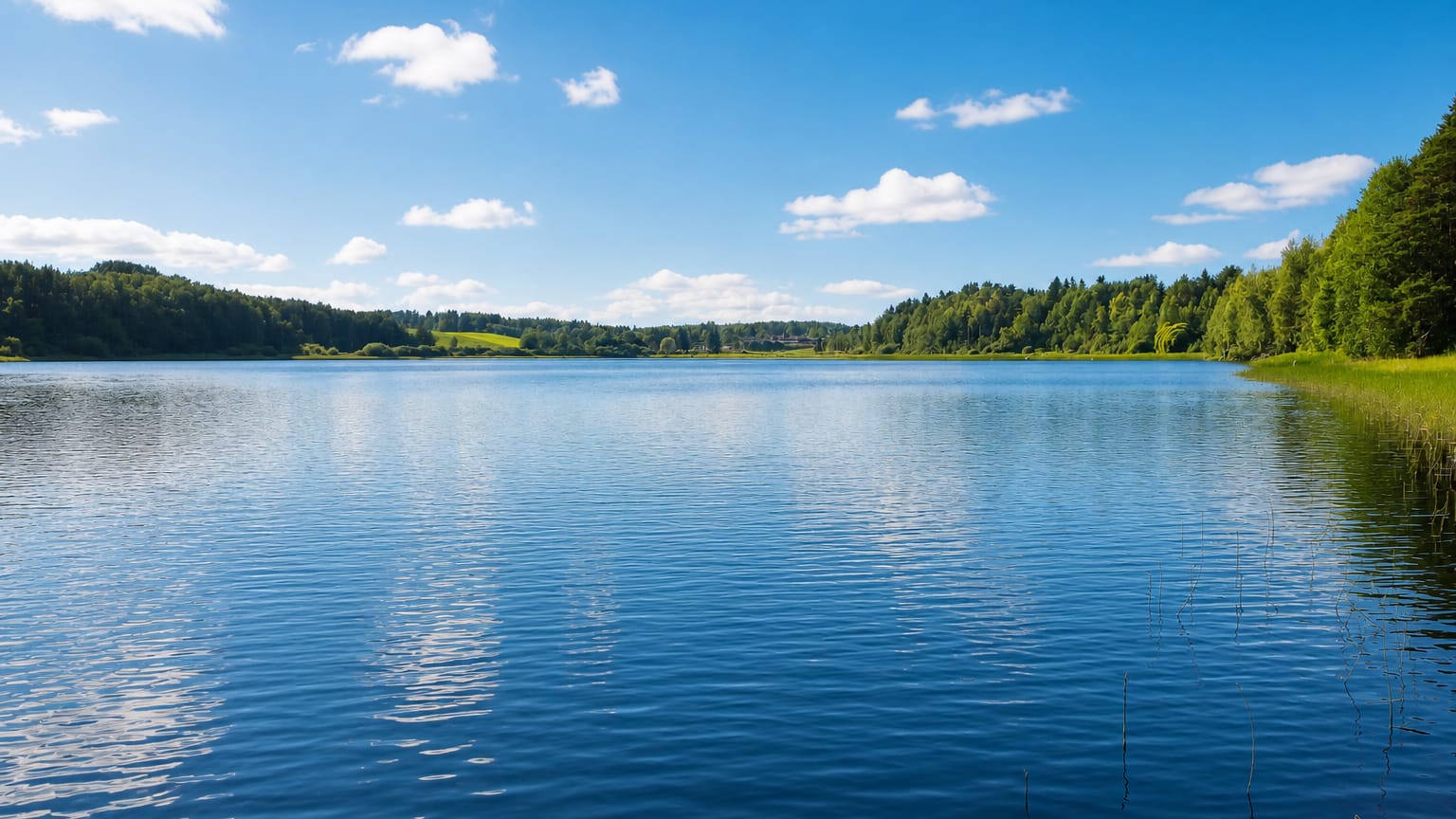 Calm blue lake ringed by forested shores under a bright summer sky at Mouhijärvi, Finland.