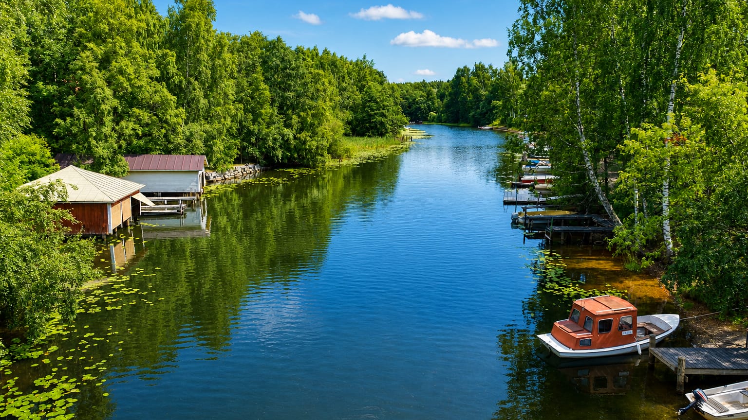 Calm tree-lined waterway in Pälkäne, Finland, with a lakeside boathouse and small boats moored at wooden docks under a blue sky.