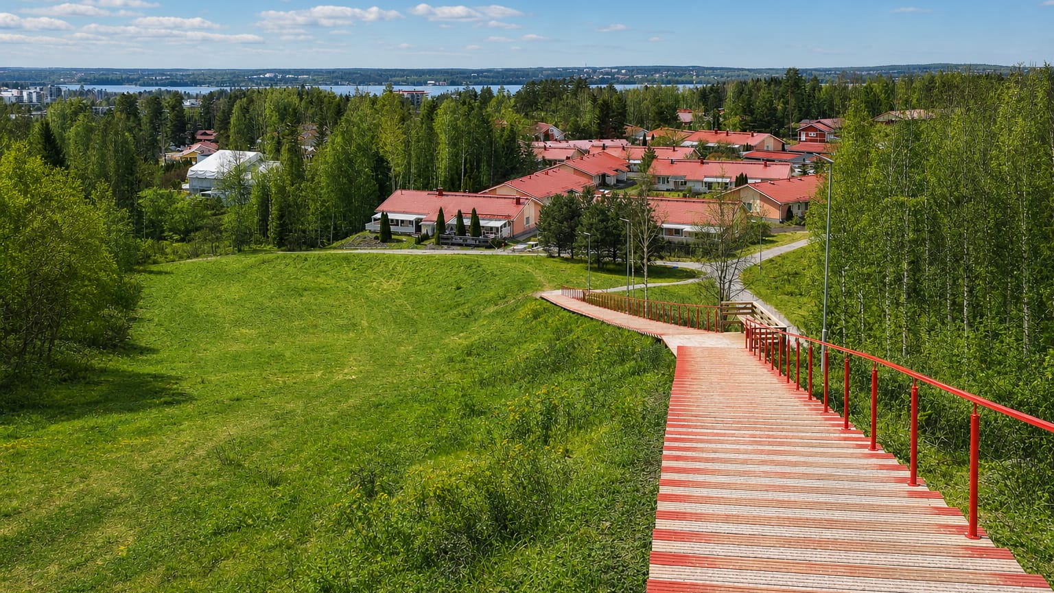 Red wooden staircase descending a green hillside toward red-roofed houses and a lake in Pirkkala, Finland on a sunny day.