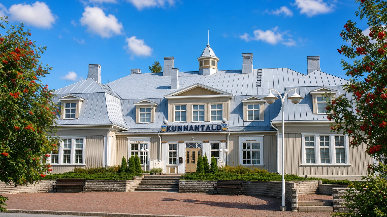 Cream-coloured Kunnantalo municipal hall framed by red rowan trees in Punkalaidun, Finland.