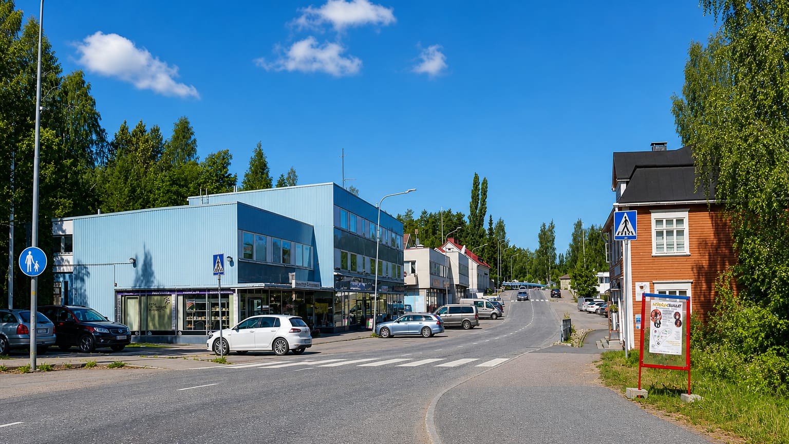 Sunlit main street with shops and a red timber house in Ruovesi, Finland.