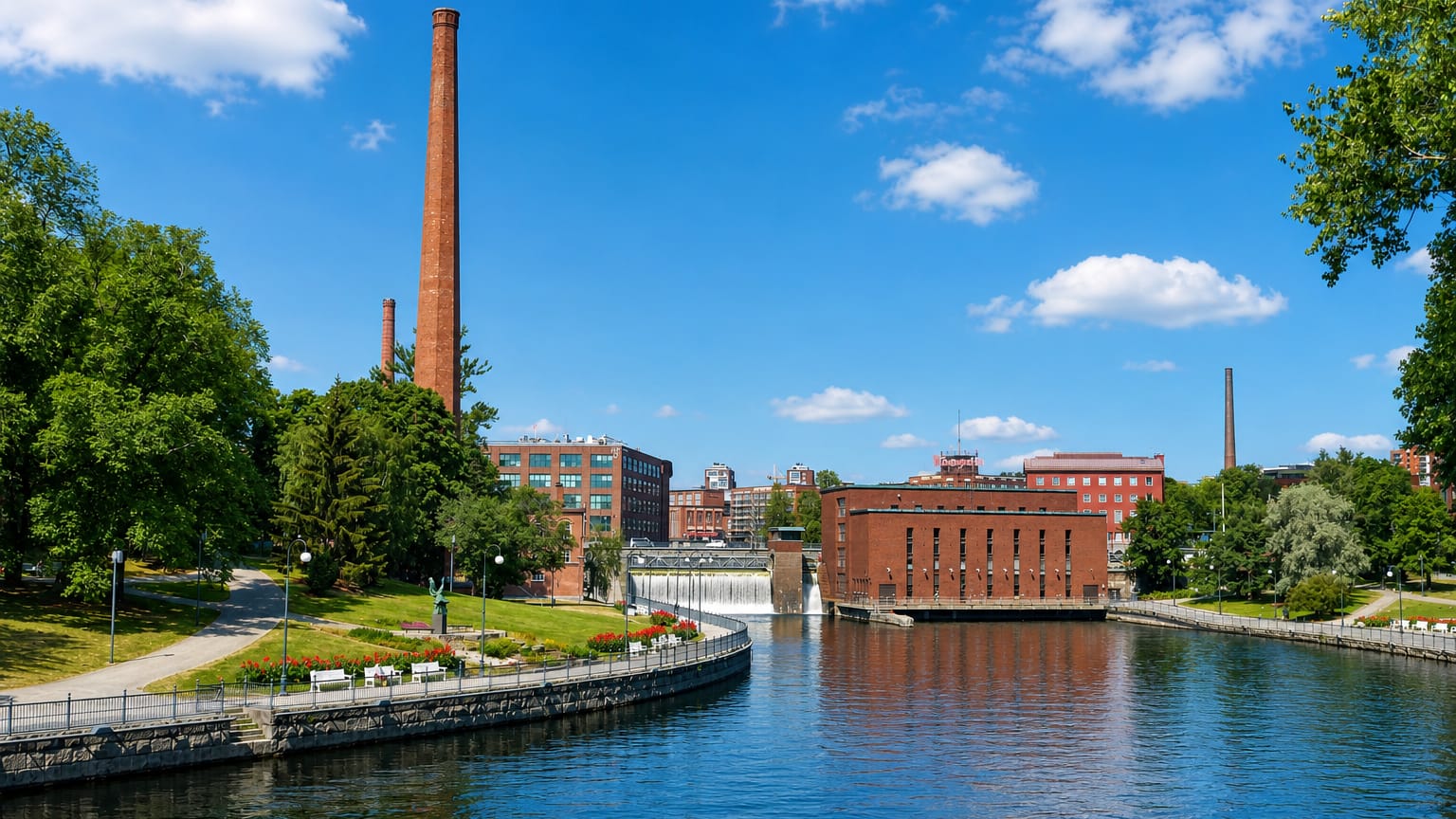 Tampere's red-brick industrial mills and tall chimney along the Tammerkoski rapids under a clear summer sky