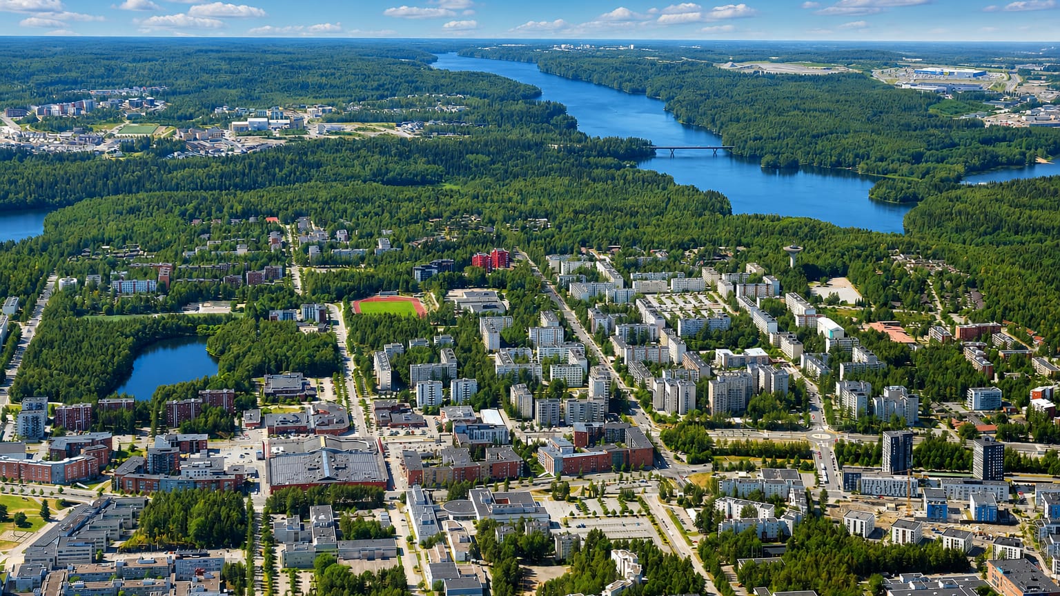 Aerial view of Hervanta, Tampere's dense suburb of apartment blocks ringed by boreal forest and lakes