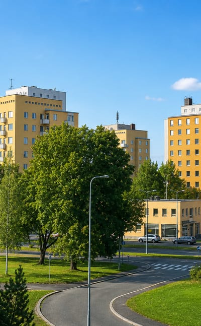 Yellow mid-century apartment blocks among birches and lawns in Liisankallio, Tampere.