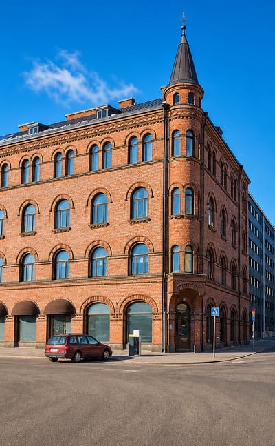 Red-brick corner building with a turret spire on a quiet street in Nalkala, central Tampere.