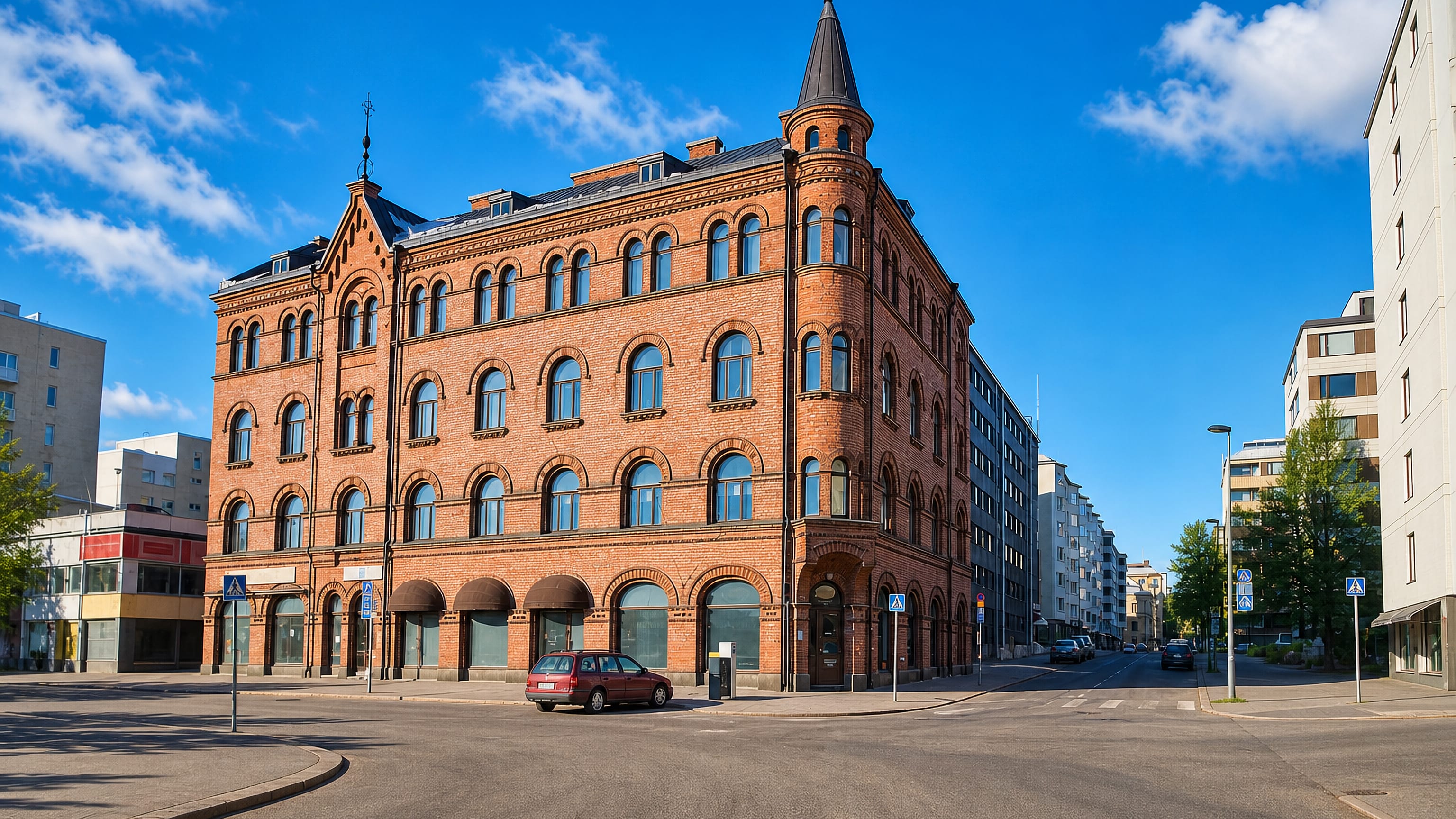 Red-brick corner building with a turret spire on a quiet street in Nalkala, central Tampere.