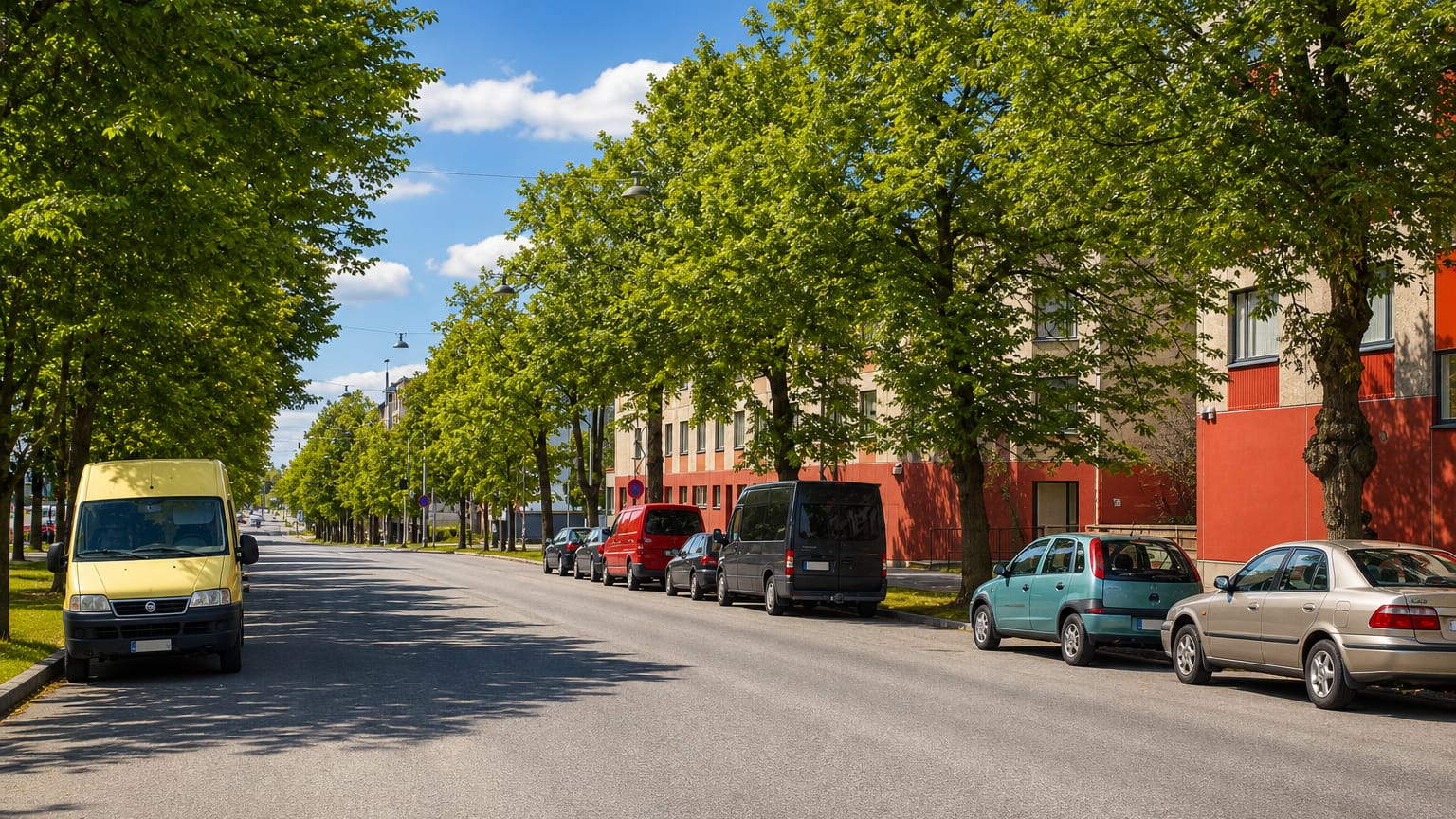 Tree-lined residential street with parked cars beside a red apartment block in Osmonmäki, Tampere.