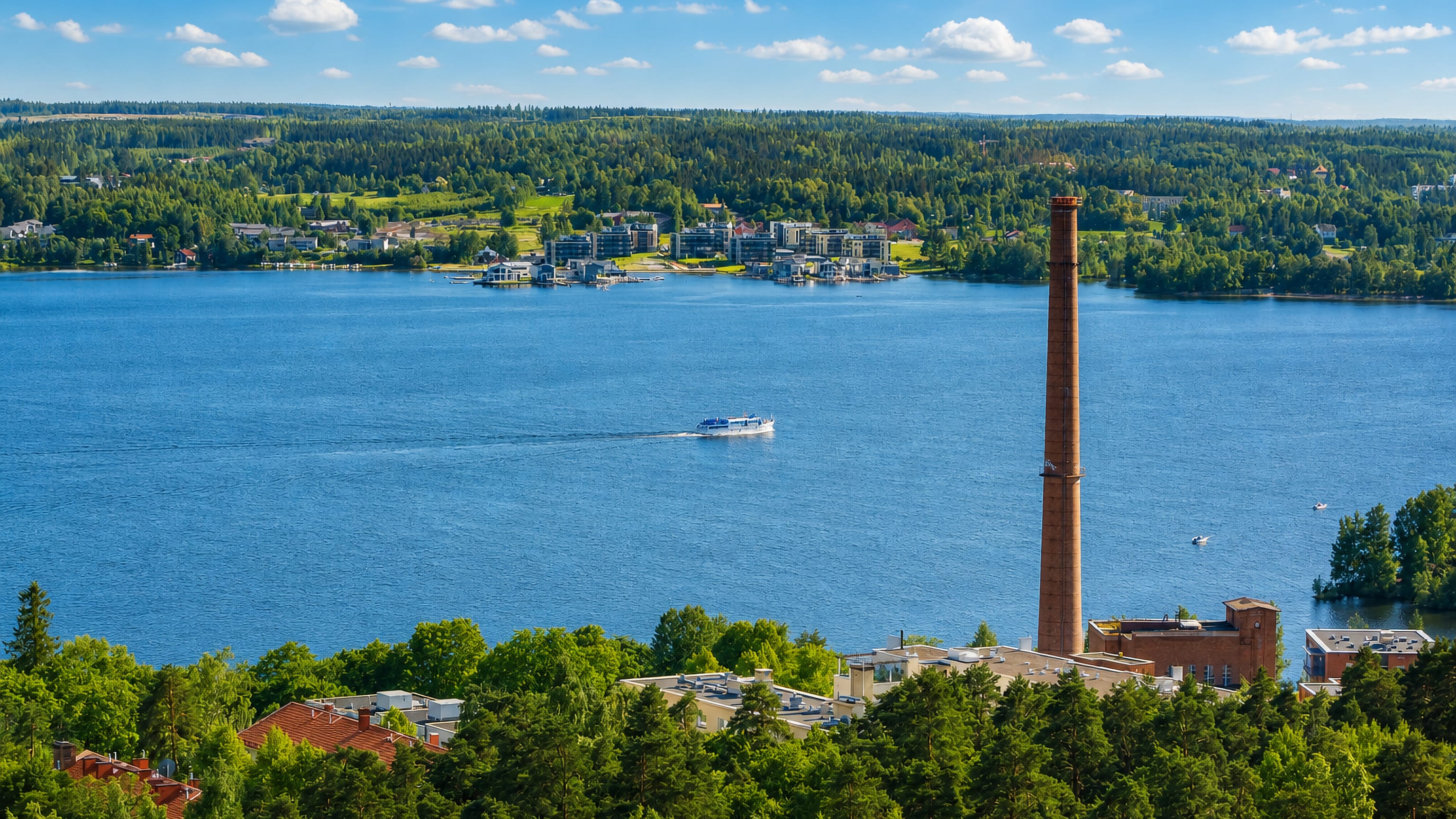 Pyynikki ridge in Tampere above Pyhajarvi lake, with a tall brick factory chimney and a passing boat.