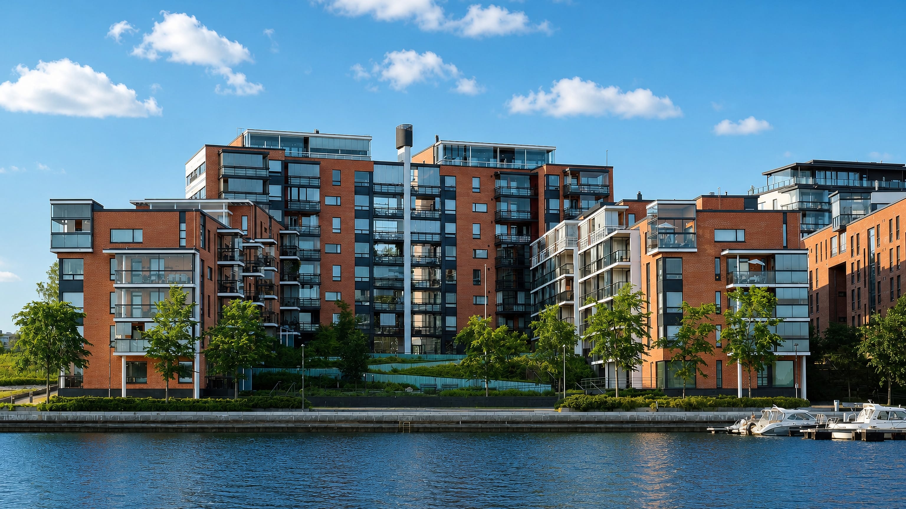 Red-brick waterfront apartment blocks and moored boats across the water in Ratina, Tampere.