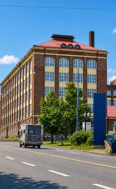 Red-brick industrial buildings and a bus route along a sunny street in Tammela, Tampere.