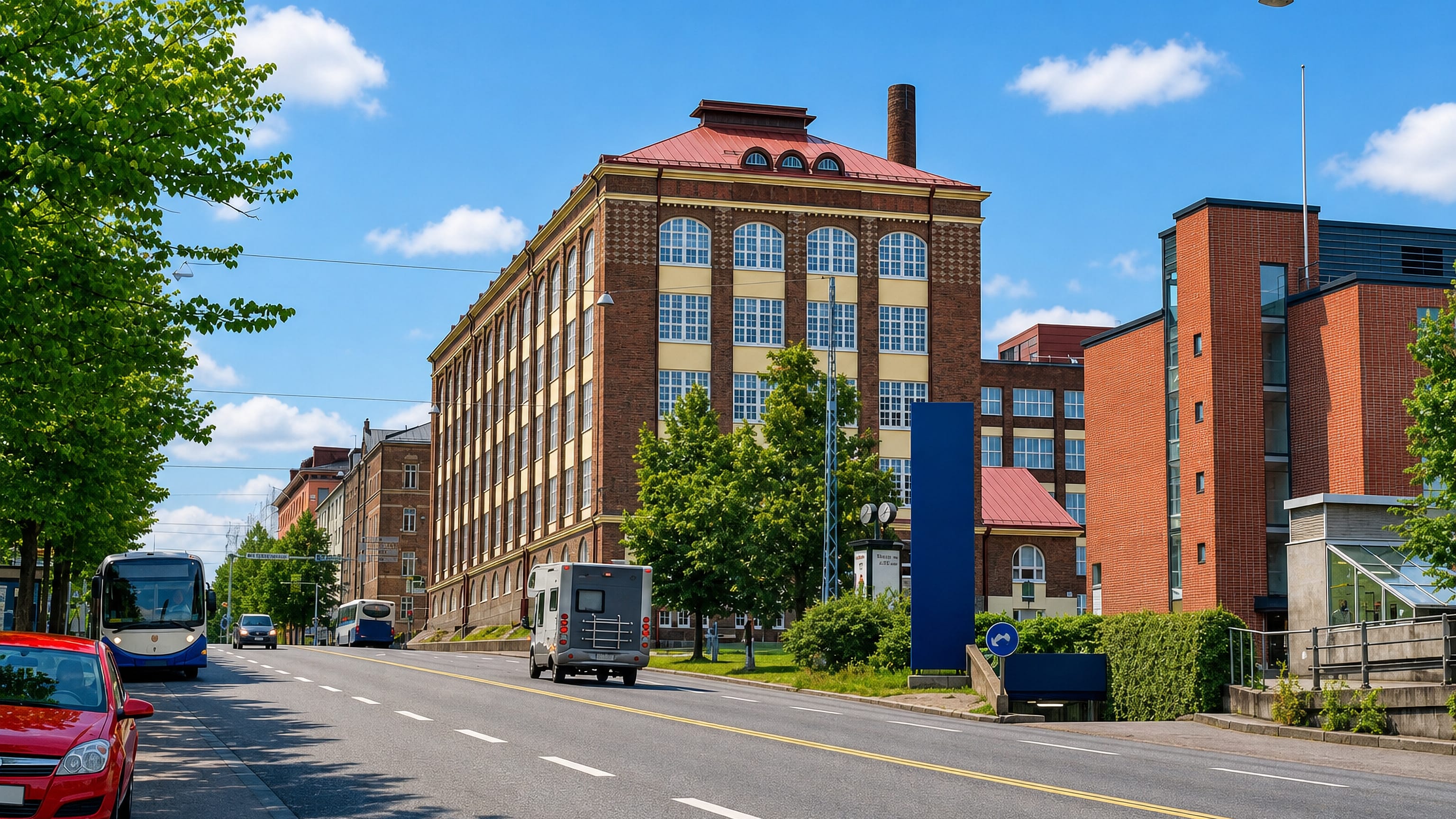 Red-brick industrial buildings and a bus route along a sunny street in Tammela, Tampere.