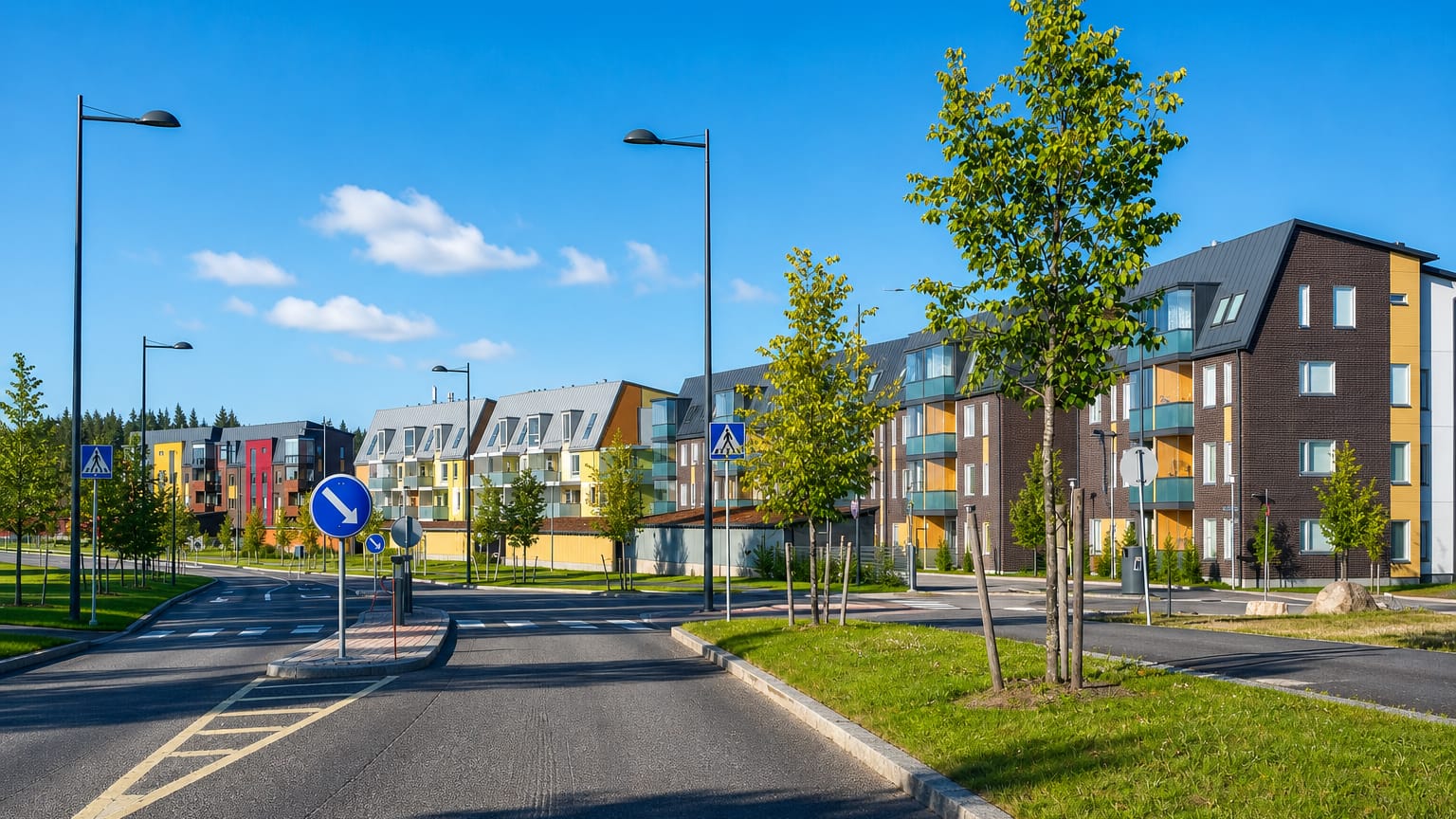 Modern apartment blocks and new streets in Vuores, Tampere, with birch saplings and pedestrian crossings.