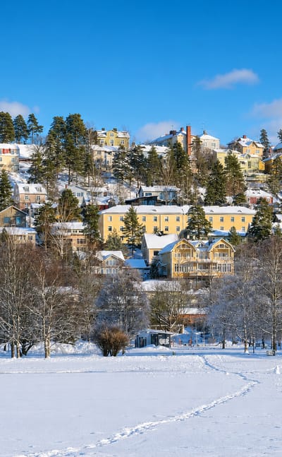 Colourful wooden houses on the Yla-Pispala ridge in Tampere above a frozen lake in winter sun.